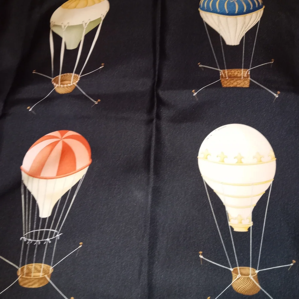 Bulgari Black Silk Scarf with Yellow Border and Multicolor Hot Air Balloons